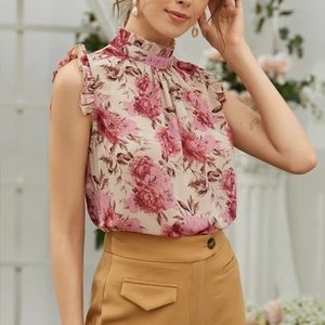 Floral Print Keyhole Back Sleeveless Blouse